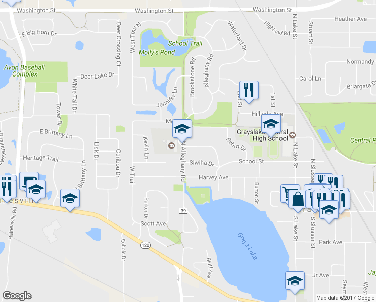 map of restaurants, bars, coffee shops, grocery stores, and more near 366 Woodland Drive in Grayslake