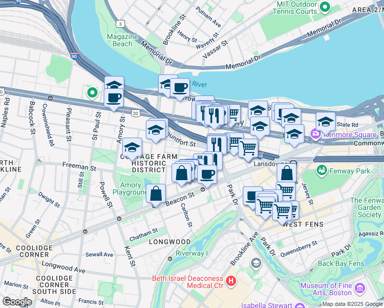 map of restaurants, bars, coffee shops, grocery stores, and more near 7 Euston Street in Brookline