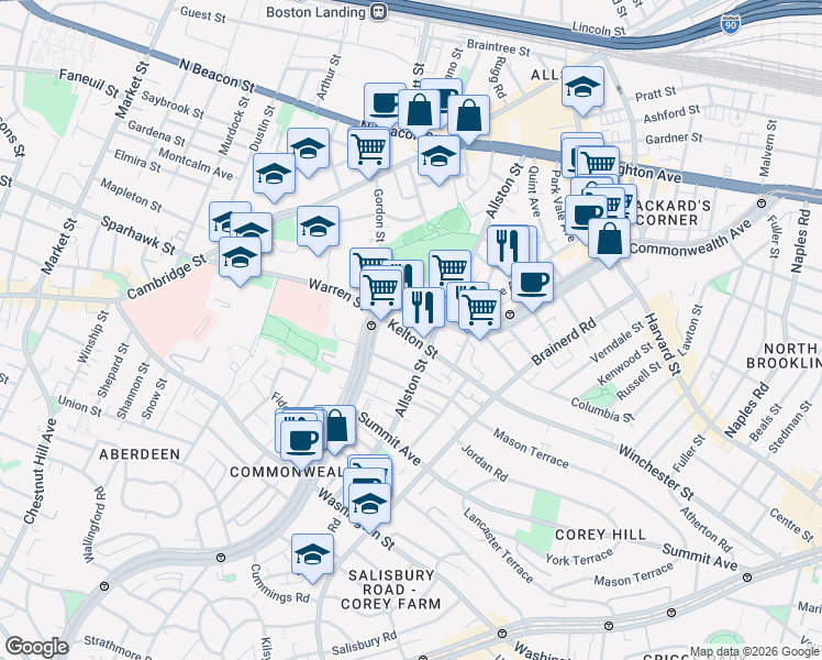 map of restaurants, bars, coffee shops, grocery stores, and more near 153 Kelton Street in Boston