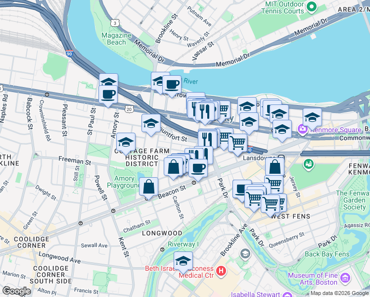 map of restaurants, bars, coffee shops, grocery stores, and more near 7 Euston Street in Brookline