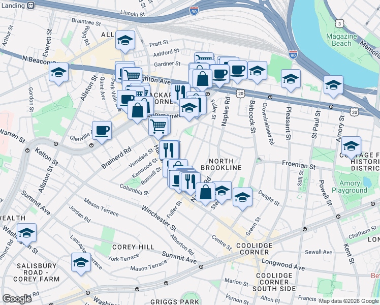 map of restaurants, bars, coffee shops, grocery stores, and more near 112 Thorndike Street in Brookline
