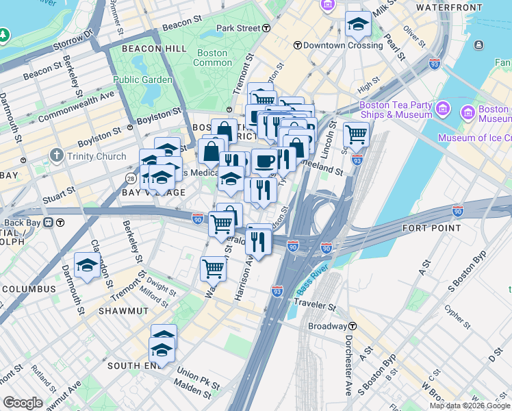 map of restaurants, bars, coffee shops, grocery stores, and more near 232 Harrison Avenue in Boston