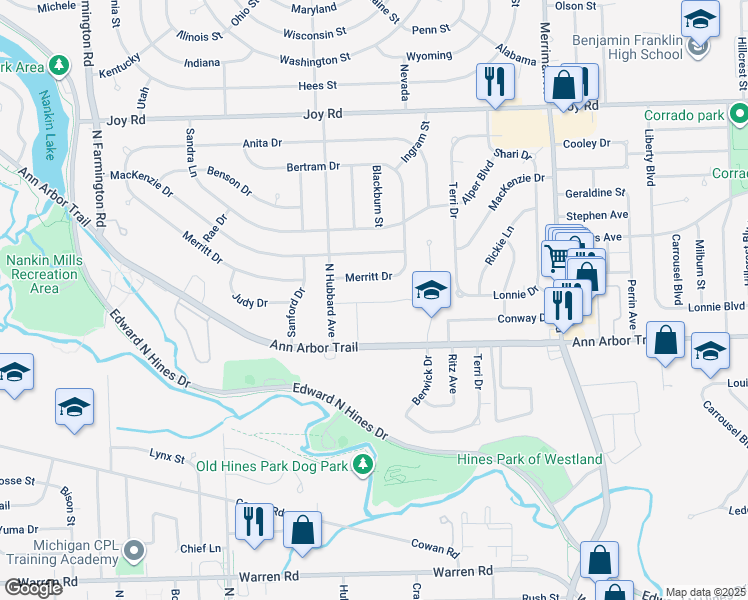 map of restaurants, bars, coffee shops, grocery stores, and more near 32168 Meridian Drive in Westland