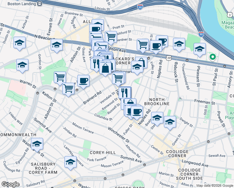 map of restaurants, bars, coffee shops, grocery stores, and more near 16 Verndale Street in Brookline