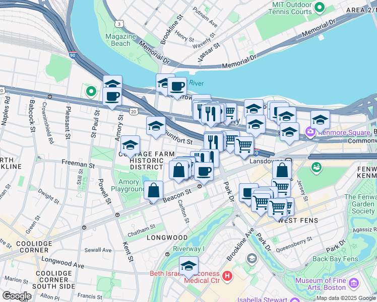 map of restaurants, bars, coffee shops, grocery stores, and more near 7 Euston Street in Brookline