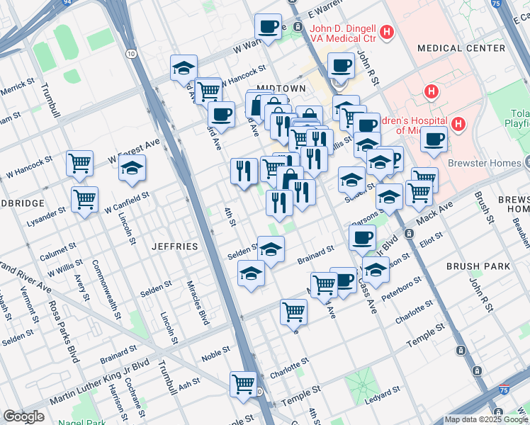 map of restaurants, bars, coffee shops, grocery stores, and more near 667 West Alexandrine Street in Detroit