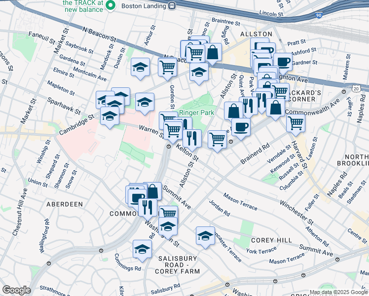 map of restaurants, bars, coffee shops, grocery stores, and more near 153 Kelton Street in Boston