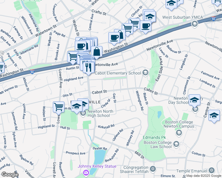 map of restaurants, bars, coffee shops, grocery stores, and more near 319 Cabot Street in Newton