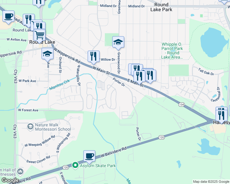 map of restaurants, bars, coffee shops, grocery stores, and more near 218 New House Lane in Round Lake Park
