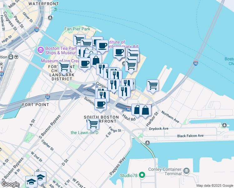 map of restaurants, bars, coffee shops, grocery stores, and more near 510 Congress Street in Boston