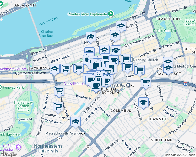 map of restaurants, bars, coffee shops, grocery stores, and more near 780 Boylston Street in Boston