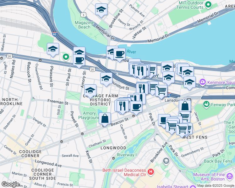 map of restaurants, bars, coffee shops, grocery stores, and more near 121 Carlton Street in Brookline