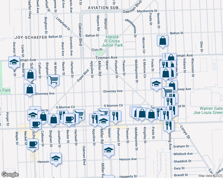map of restaurants, bars, coffee shops, grocery stores, and more near 7612 Manor in Dearborn