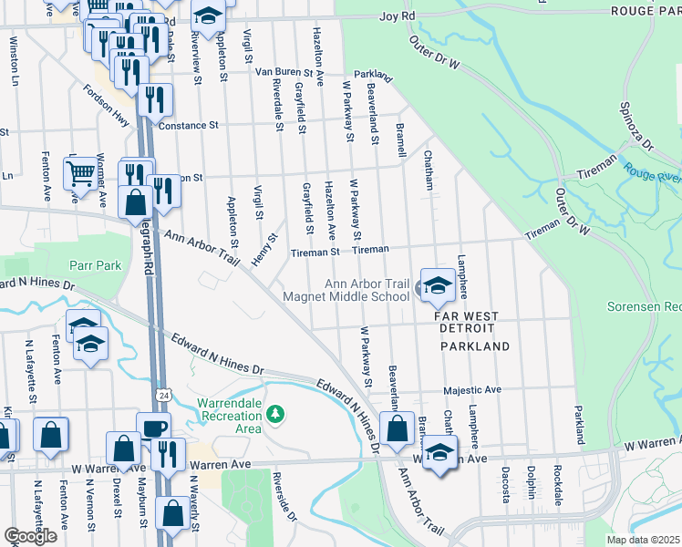 map of restaurants, bars, coffee shops, grocery stores, and more near 7740 Hazelton Street in Dearborn Heights