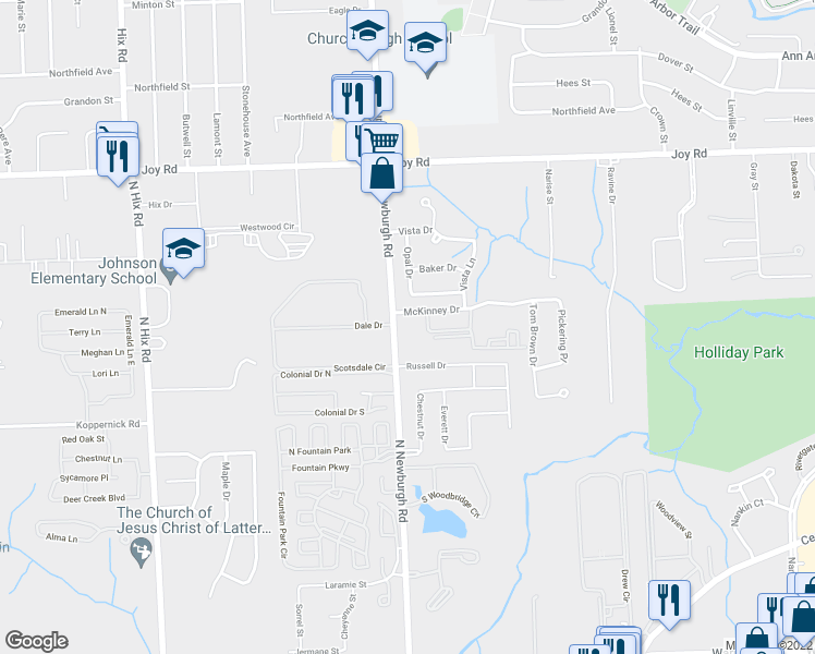 map of restaurants, bars, coffee shops, grocery stores, and more near 37195 McKinney Avenue in Westland