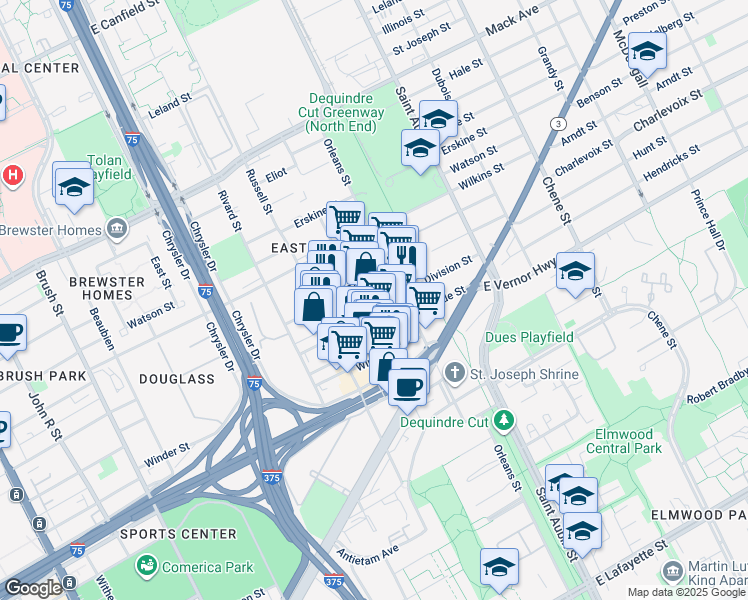 map of restaurants, bars, coffee shops, grocery stores, and more near 1540 Division Street in Detroit
