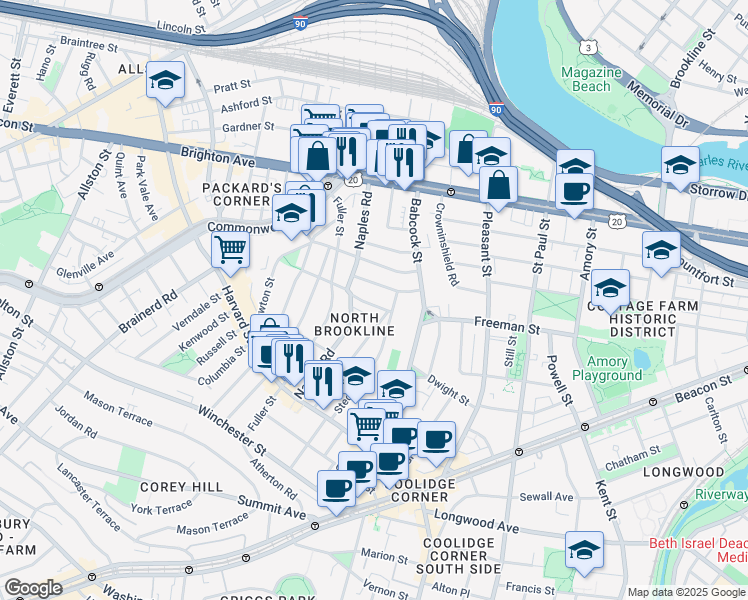 map of restaurants, bars, coffee shops, grocery stores, and more near 120 Stedman Street in Brookline