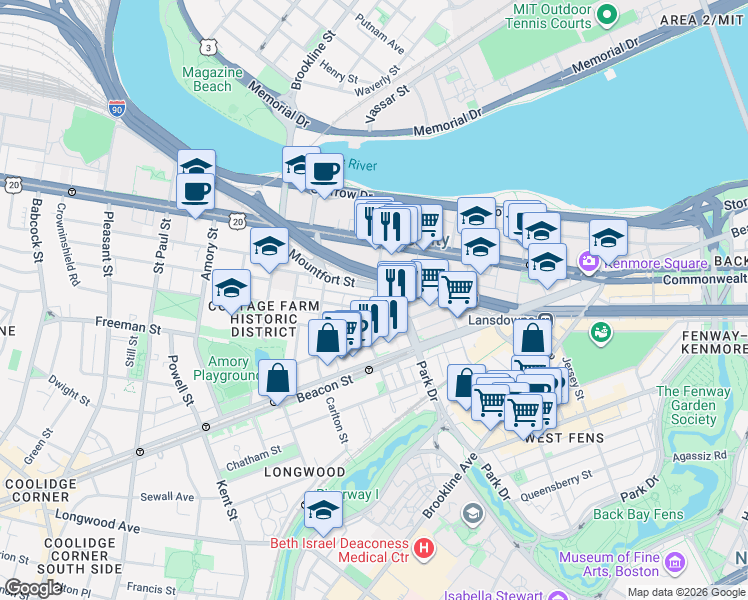 map of restaurants, bars, coffee shops, grocery stores, and more near 7 Euston Street in Brookline