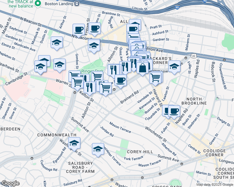 map of restaurants, bars, coffee shops, grocery stores, and more near 1322 Commonwealth Avenue in Boston