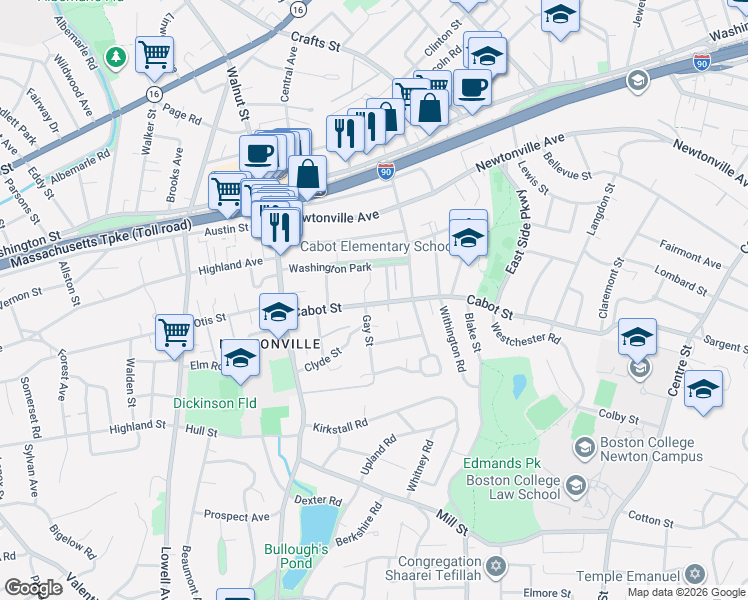 map of restaurants, bars, coffee shops, grocery stores, and more near 288 Cabot Street in Newton