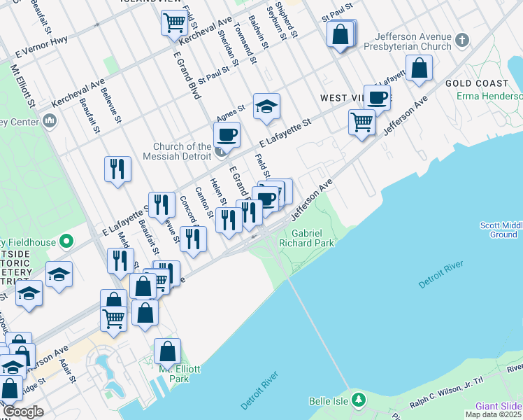 map of restaurants, bars, coffee shops, grocery stores, and more near 125 East Grand Boulevard in Detroit