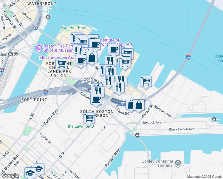 map of restaurants, bars, coffee shops, grocery stores, and more near 507 Congress Street in Boston