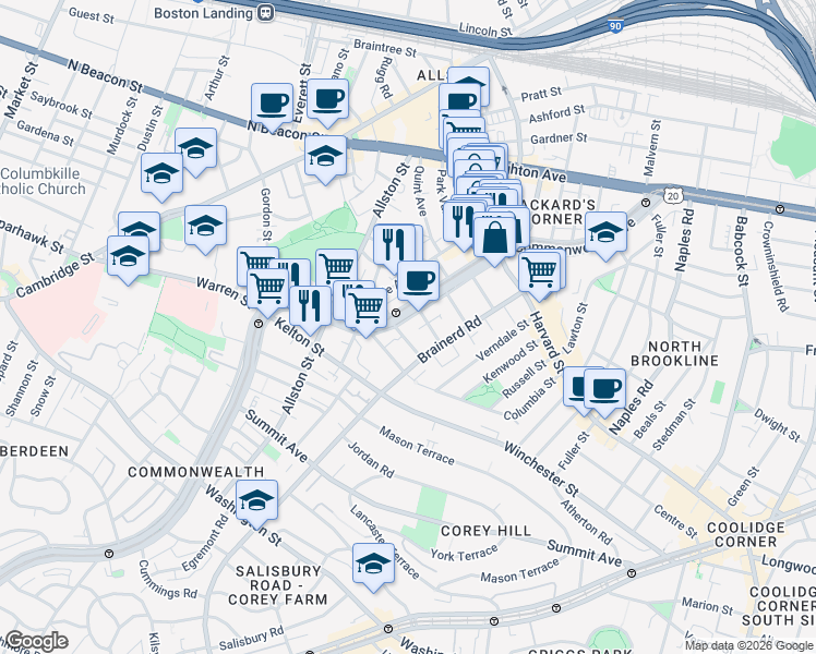 map of restaurants, bars, coffee shops, grocery stores, and more near 1322 Commonwealth Avenue in Boston