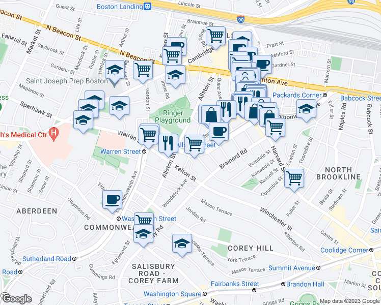 map of restaurants, bars, coffee shops, grocery stores, and more near Commonwealth Avenue & Scottfield Rd in Boston