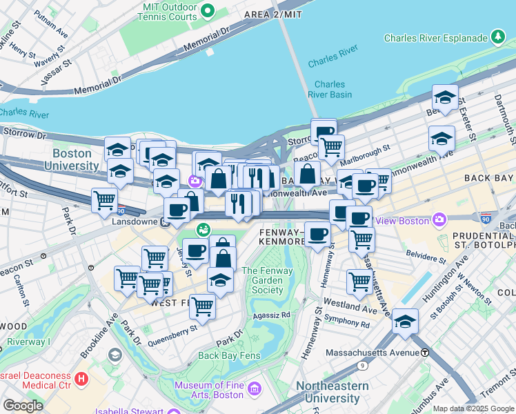 map of restaurants, bars, coffee shops, grocery stores, and more near 533 Newbury Street in Boston