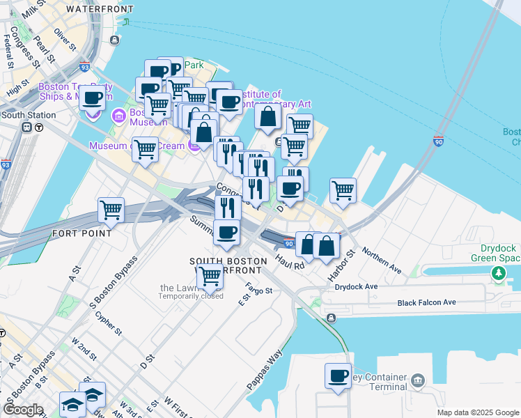 map of restaurants, bars, coffee shops, grocery stores, and more near 505 Congress Street in Boston