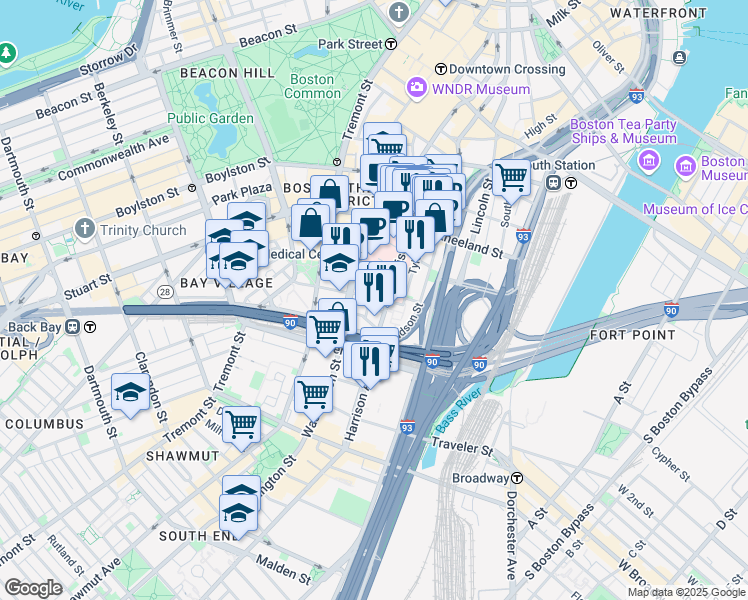 map of restaurants, bars, coffee shops, grocery stores, and more near 232 Harrison Avenue in Boston
