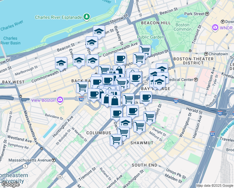 map of restaurants, bars, coffee shops, grocery stores, and more near 58 Trinity Place in Boston