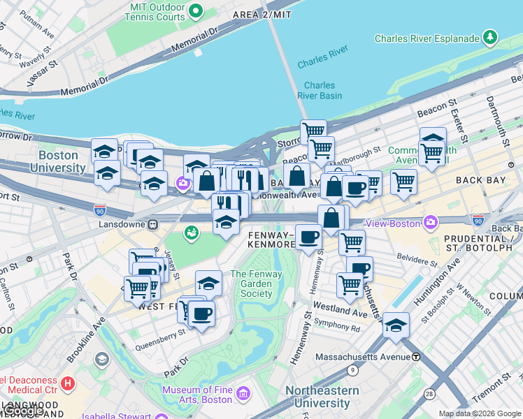 map of restaurants, bars, coffee shops, grocery stores, and more near 20 Charlesgate West in Boston
