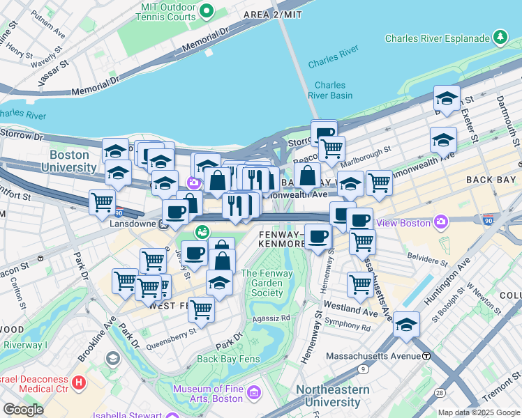 map of restaurants, bars, coffee shops, grocery stores, and more near 533 Newbury Street in Boston