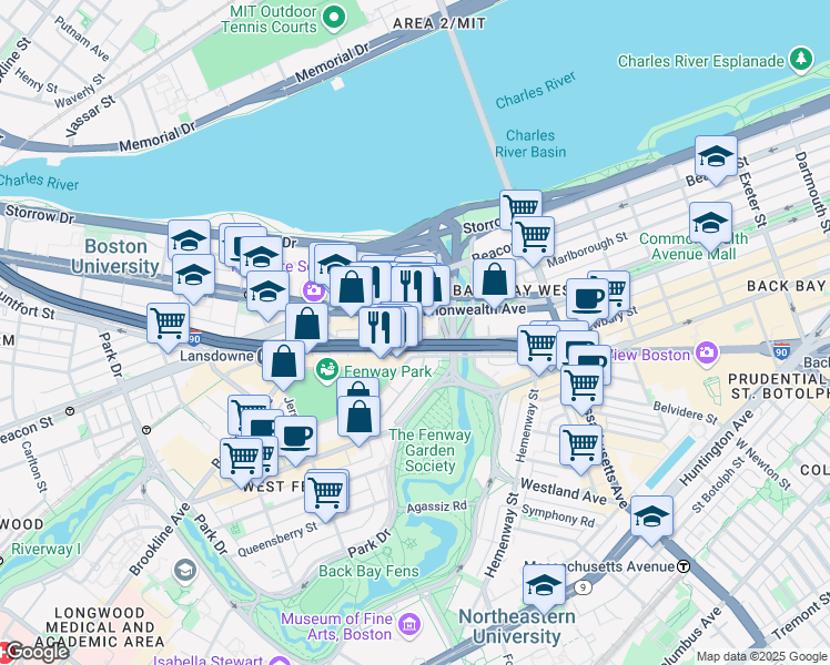 map of restaurants, bars, coffee shops, grocery stores, and more near 533 Newbury Street in Boston