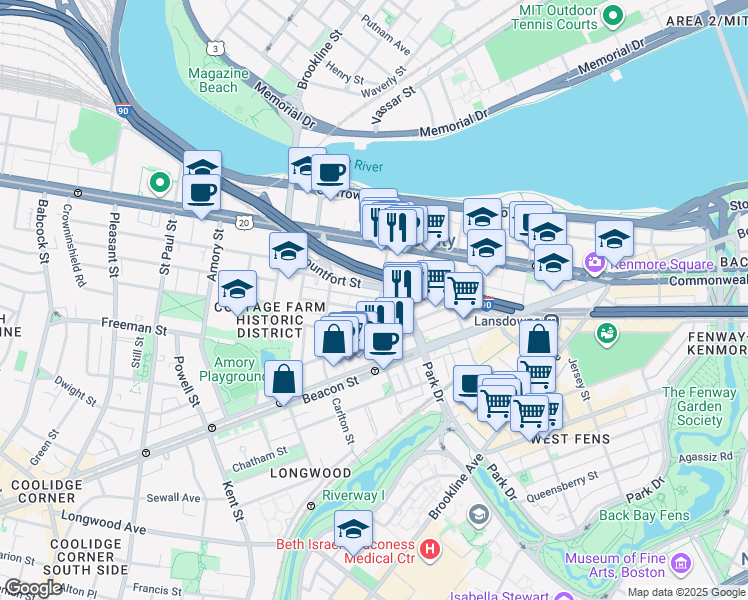 map of restaurants, bars, coffee shops, grocery stores, and more near 7 Euston Street in Brookline