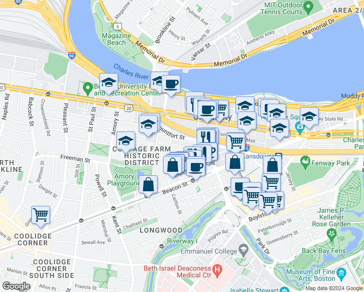 map of restaurants, bars, coffee shops, grocery stores, and more near 7 Euston Street in Brookline