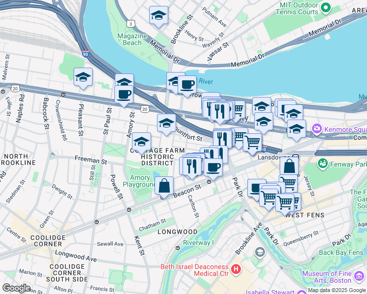 map of restaurants, bars, coffee shops, grocery stores, and more near 121 Carlton Street in Brookline