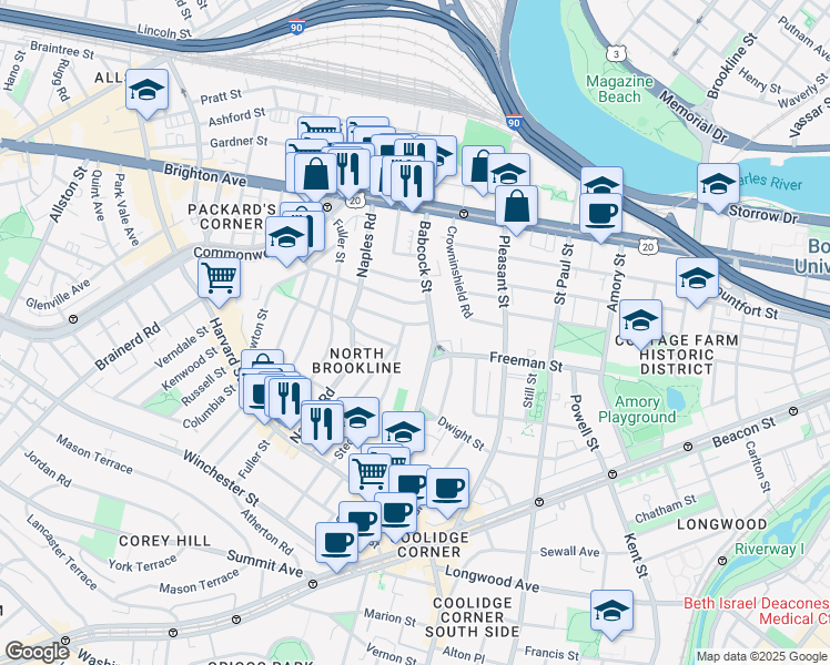 map of restaurants, bars, coffee shops, grocery stores, and more near 120 Stedman Street in Brookline