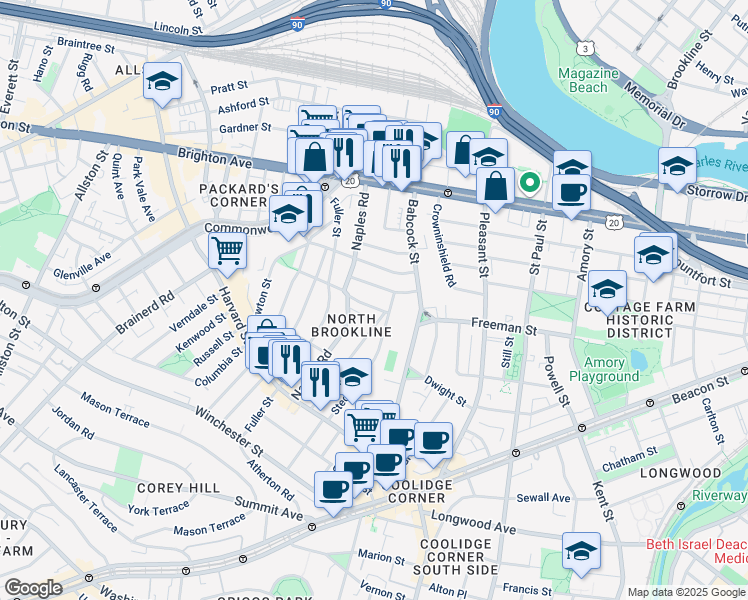 map of restaurants, bars, coffee shops, grocery stores, and more near 120 Stedman Street in Brookline