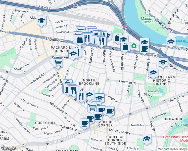 map of restaurants, bars, coffee shops, grocery stores, and more near 120 Stedman Street in Brookline