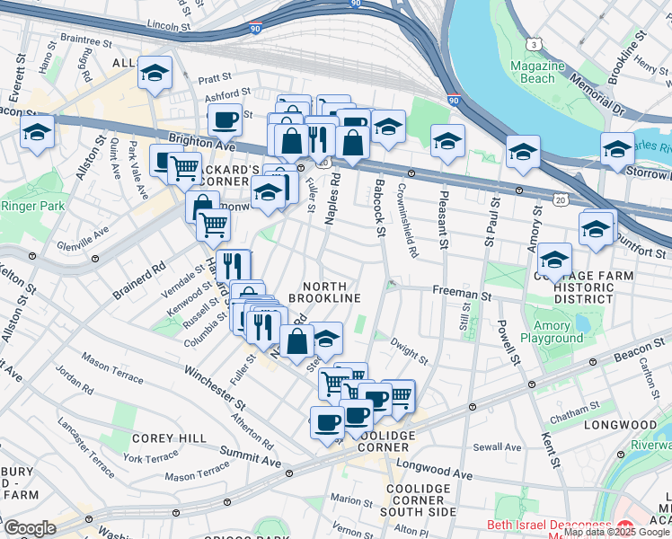 map of restaurants, bars, coffee shops, grocery stores, and more near in Brookline