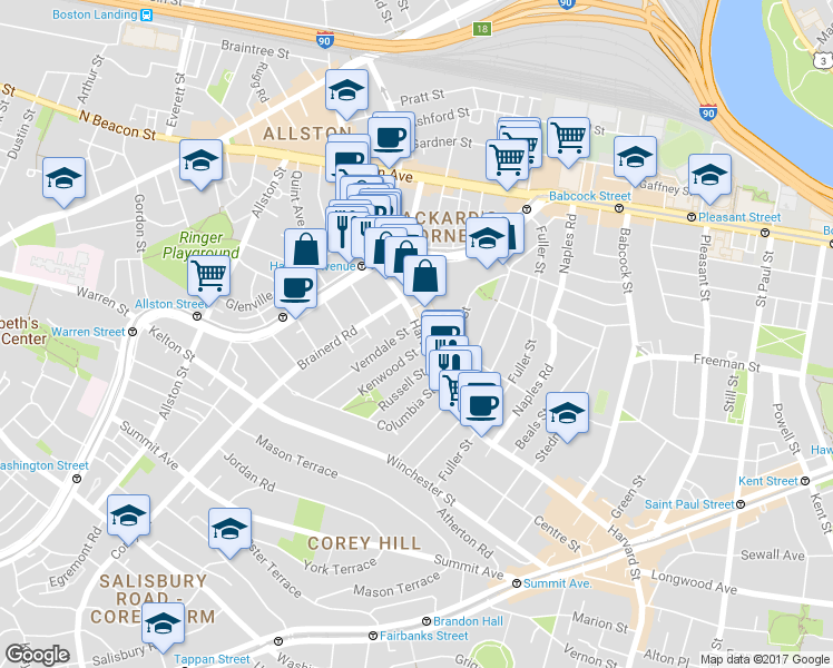 map of restaurants, bars, coffee shops, grocery stores, and more near 16 Verndale Street in Brookline