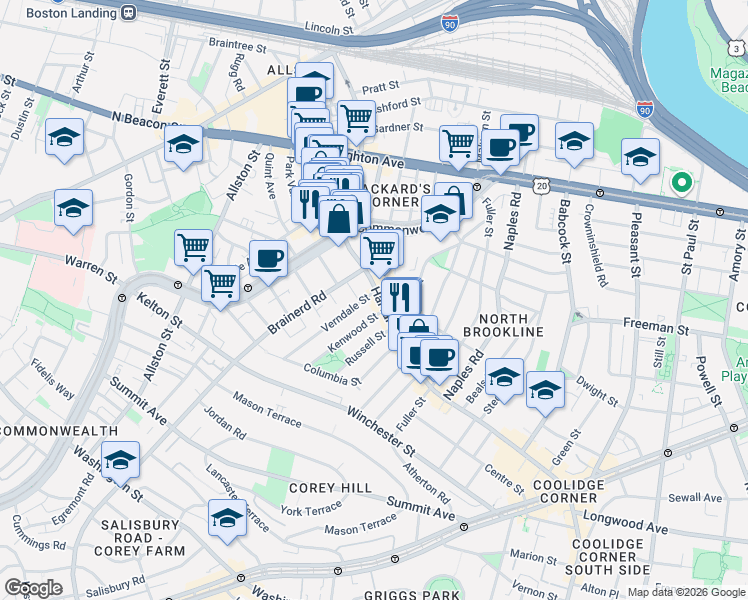 map of restaurants, bars, coffee shops, grocery stores, and more near 16 Verndale Street in Brookline