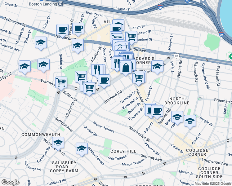 map of restaurants, bars, coffee shops, grocery stores, and more near 65 Brainerd Road in Boston