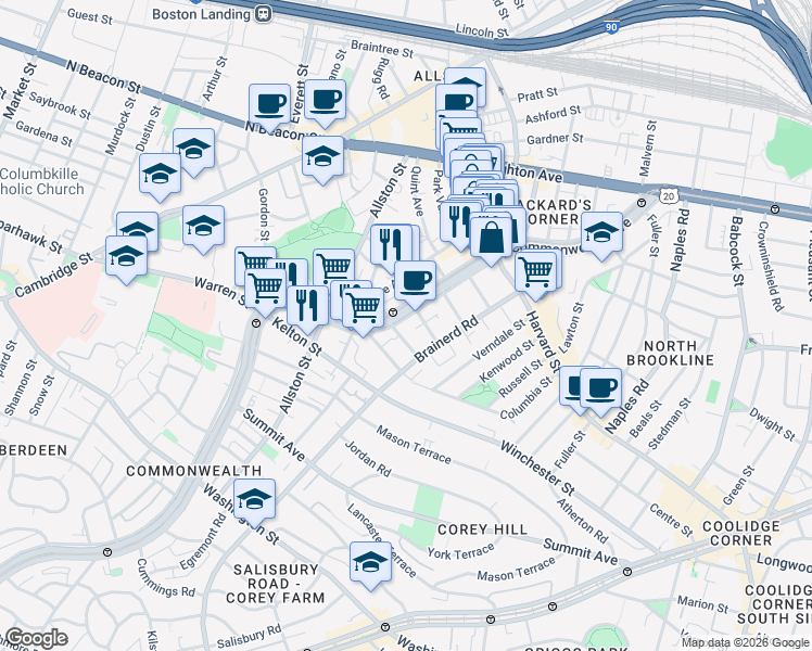 map of restaurants, bars, coffee shops, grocery stores, and more near 1322 Commonwealth Avenue in Boston
