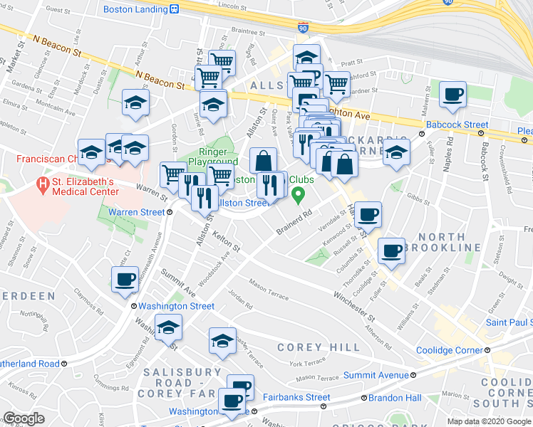 map of restaurants, bars, coffee shops, grocery stores, and more near 1322 Commonwealth Avenue in Boston