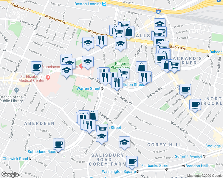 map of restaurants, bars, coffee shops, grocery stores, and more near 164 Kelton Street in Boston