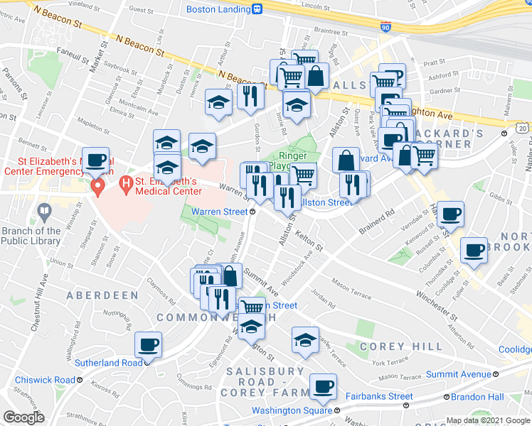 map of restaurants, bars, coffee shops, grocery stores, and more near 153 Kelton Street in Boston