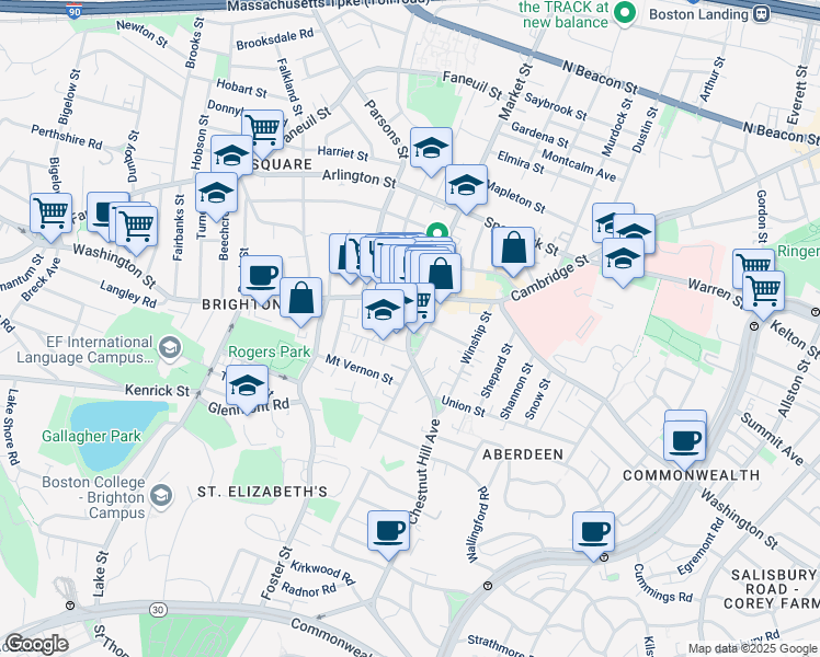 map of restaurants, bars, coffee shops, grocery stores, and more near 30 Chestnut Hill Avenue in Boston